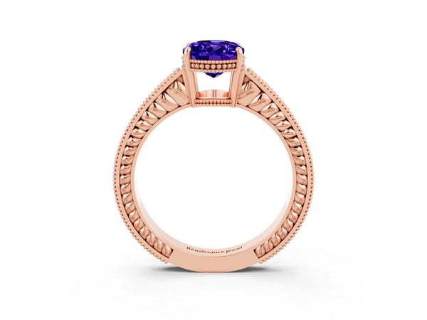 Rose gold Oval Cut Tanzanite Engagement Ring with Milgrain Channel Set Band and Prong Setting