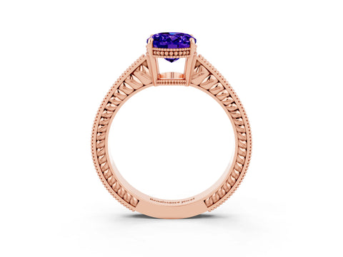 Rose gold Oval Cut Tanzanite Engagement Ring with Milgrain Channel Set Band and Prong Setting_3