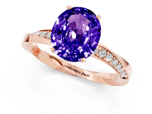 Rose gold Oval Cut Tanzanite Engagement Ring with Side Stone Accents and Four-Prong Setting