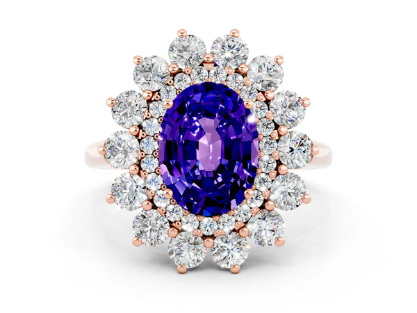 Rose gold Oval Cut Tanzanite Floral Double Halo Engagement Ring with Prong Setting