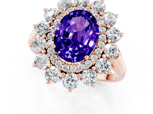 Rose gold Oval Cut Tanzanite Floral Double Halo Engagement Ring with Prong Setting