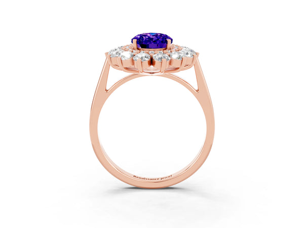 Rose gold Oval Cut Tanzanite Floral Double Halo Engagement Ring with Prong Setting