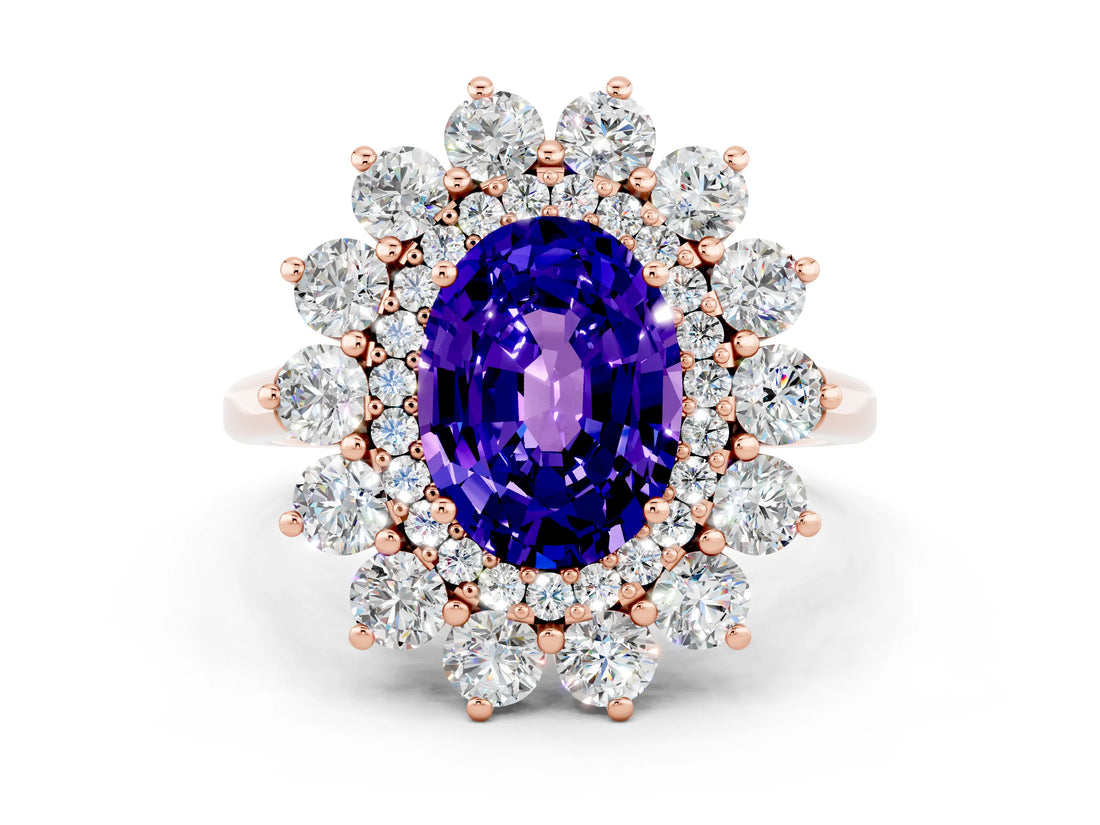 Rose gold Oval Cut Tanzanite Floral Double Halo Engagement Ring with Prong Setting_48