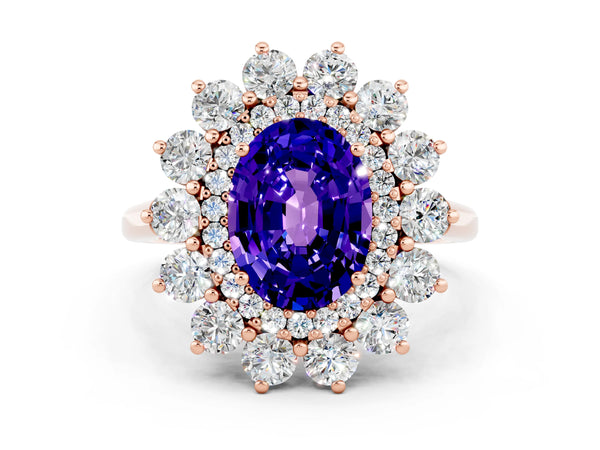 Rose gold Oval Cut Tanzanite Floral Double Halo Engagement Ring with Prong Setting