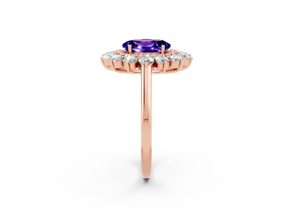 Rose gold Oval Cut Tanzanite Floral Double Halo Engagement Ring with Prong Setting