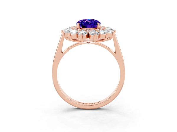 Rose gold Oval Cut Tanzanite Floral Double Halo Engagement Ring with Prong Setting