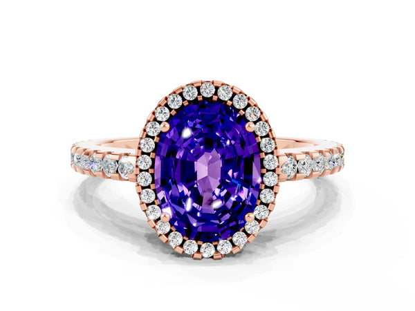 Rose gold Oval Cut Tanzanite Halo Engagement Ring with Pavé Band and Prong Setting