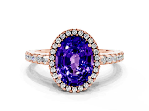 Rose gold Oval Cut Tanzanite Halo Engagement Ring with Pavé Band and Prong Setting_12