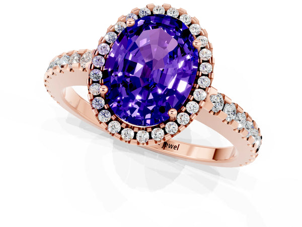 Rose gold Oval Cut Tanzanite Halo Engagement Ring with Pavé Band and Prong Setting