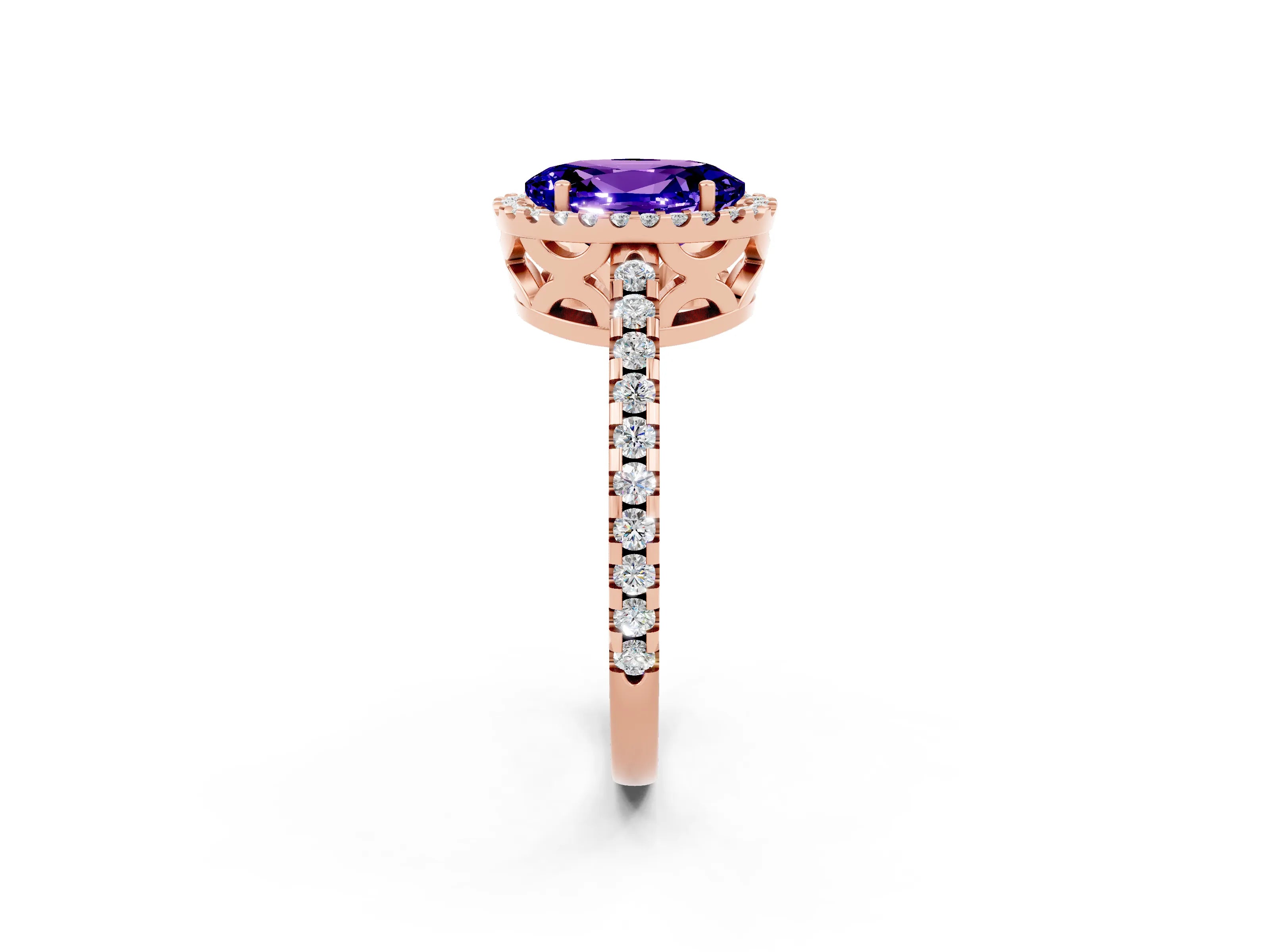 Rose gold Oval Cut Tanzanite Halo Engagement Ring with Pavé Band and Prong Setting_14