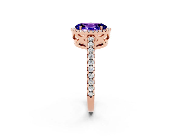 Rose gold Oval Cut Tanzanite Halo Engagement Ring with Pavé Band and Prong Setting
