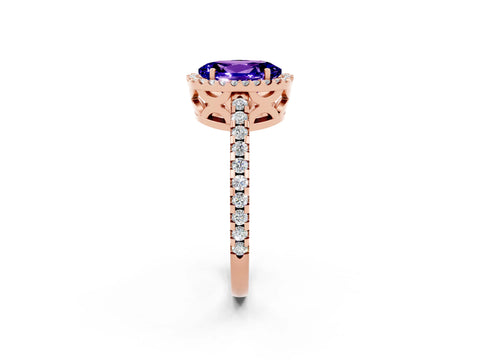 Rose gold Oval Cut Tanzanite Halo Engagement Ring with Pavé Band and Prong Setting_14
