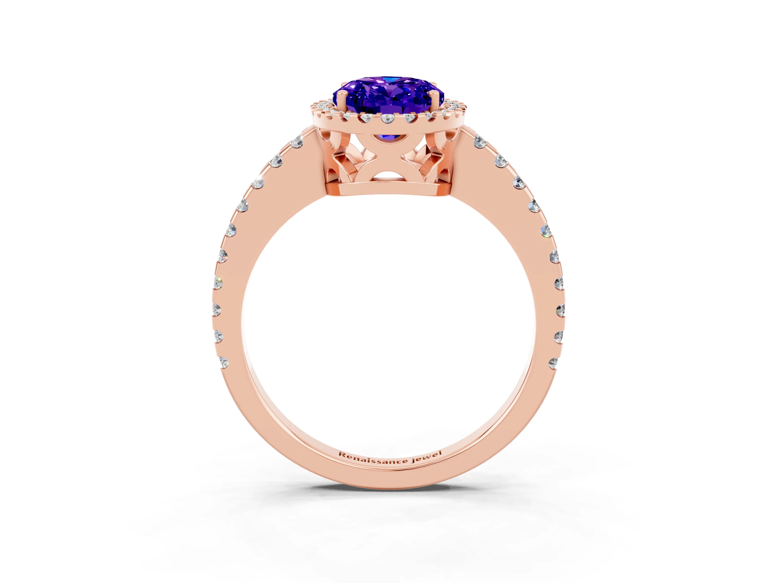 Rose gold Oval Cut Tanzanite Halo Engagement Ring with Pavé Band and Prong Setting_15