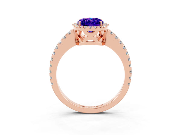 Rose gold Oval Cut Tanzanite Halo Engagement Ring with Pavé Band and Prong Setting