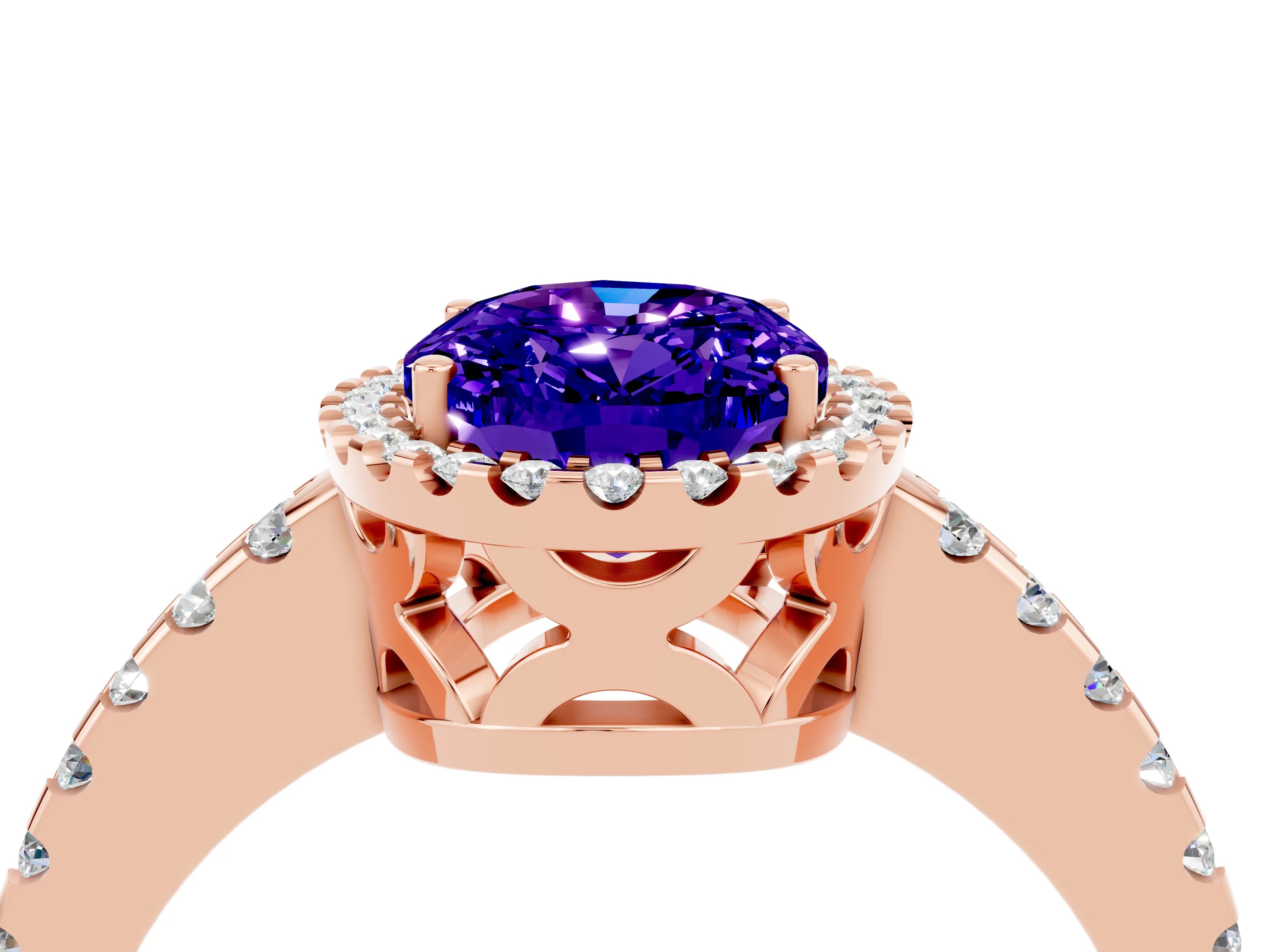 Rose gold Oval Cut Tanzanite Halo Engagement Ring with Pavé Band and Prong Setting_16