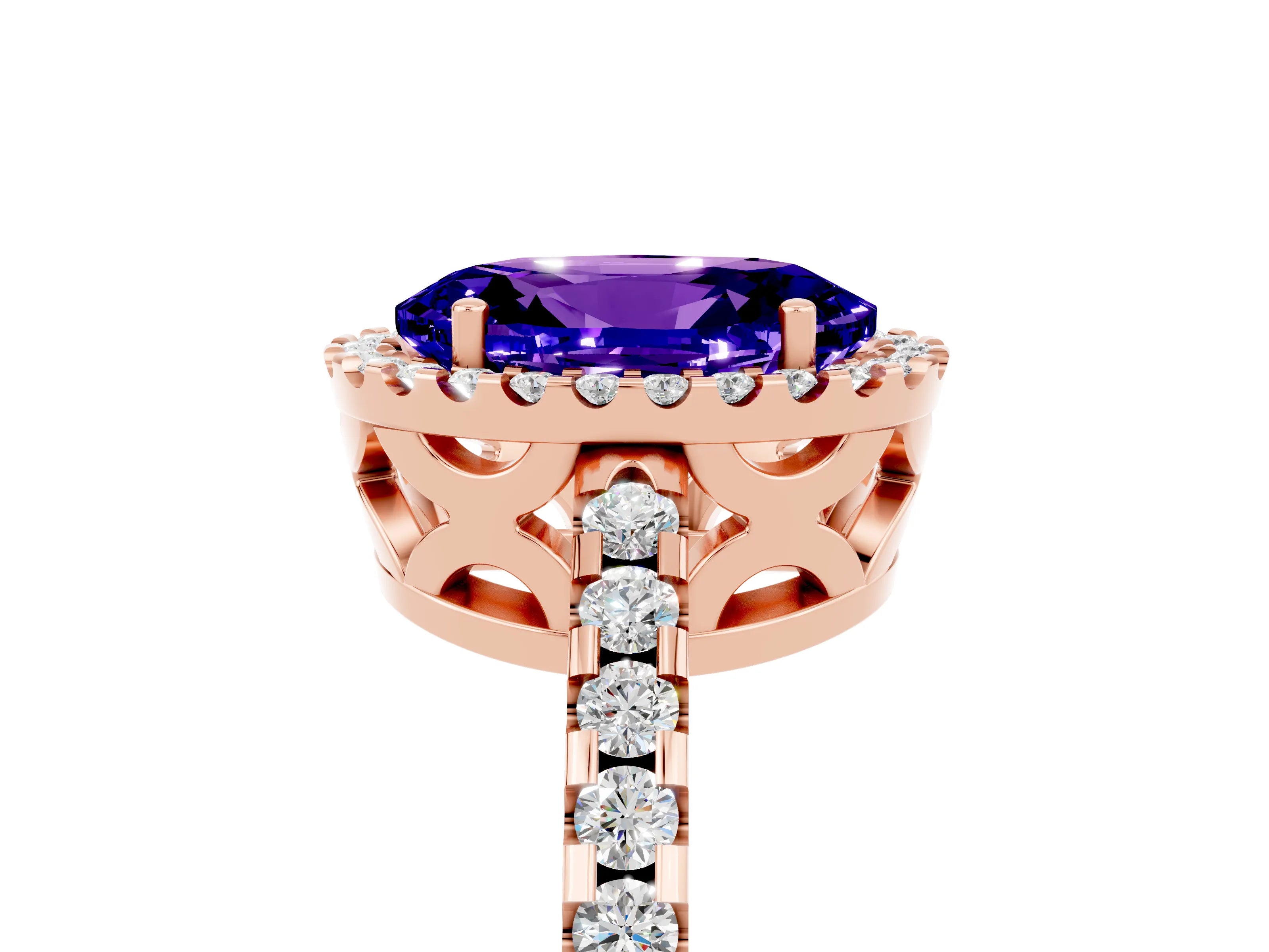 Rose gold Oval Cut Tanzanite Halo Engagement Ring with Pavé Band and Prong Setting_17