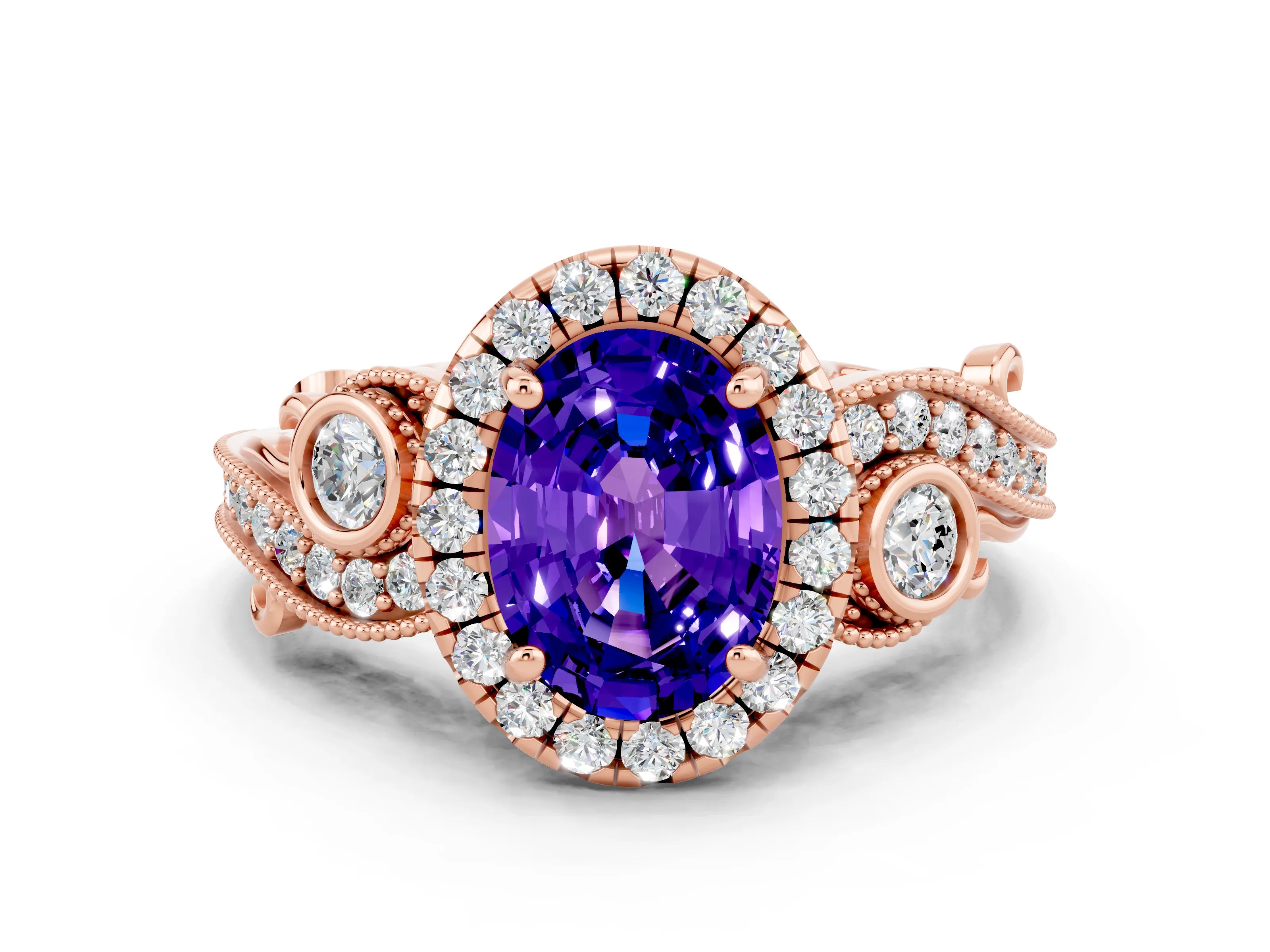 Rose gold Oval Cut Tanzanite Halo Ring with Milgrain Pavé Band and Four-Prong Setting_12