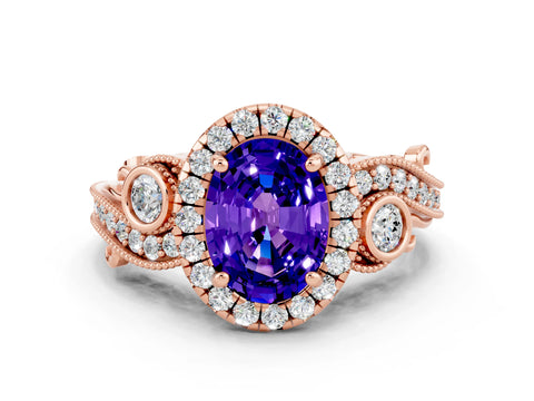 Rose gold Oval Cut Tanzanite Halo Ring with Milgrain Pavé Band and Four-Prong Setting_12