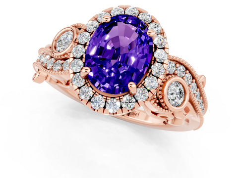 Rose gold Oval Cut Tanzanite Halo Ring with Milgrain Pavé Band and Four-Prong Setting_13