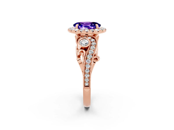 Rose gold Oval Cut Tanzanite Halo Ring with Milgrain Pavé Band and Four-Prong Setting