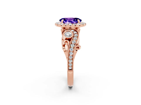 Rose gold Oval Cut Tanzanite Halo Ring with Milgrain Pavé Band and Four-Prong Setting_14