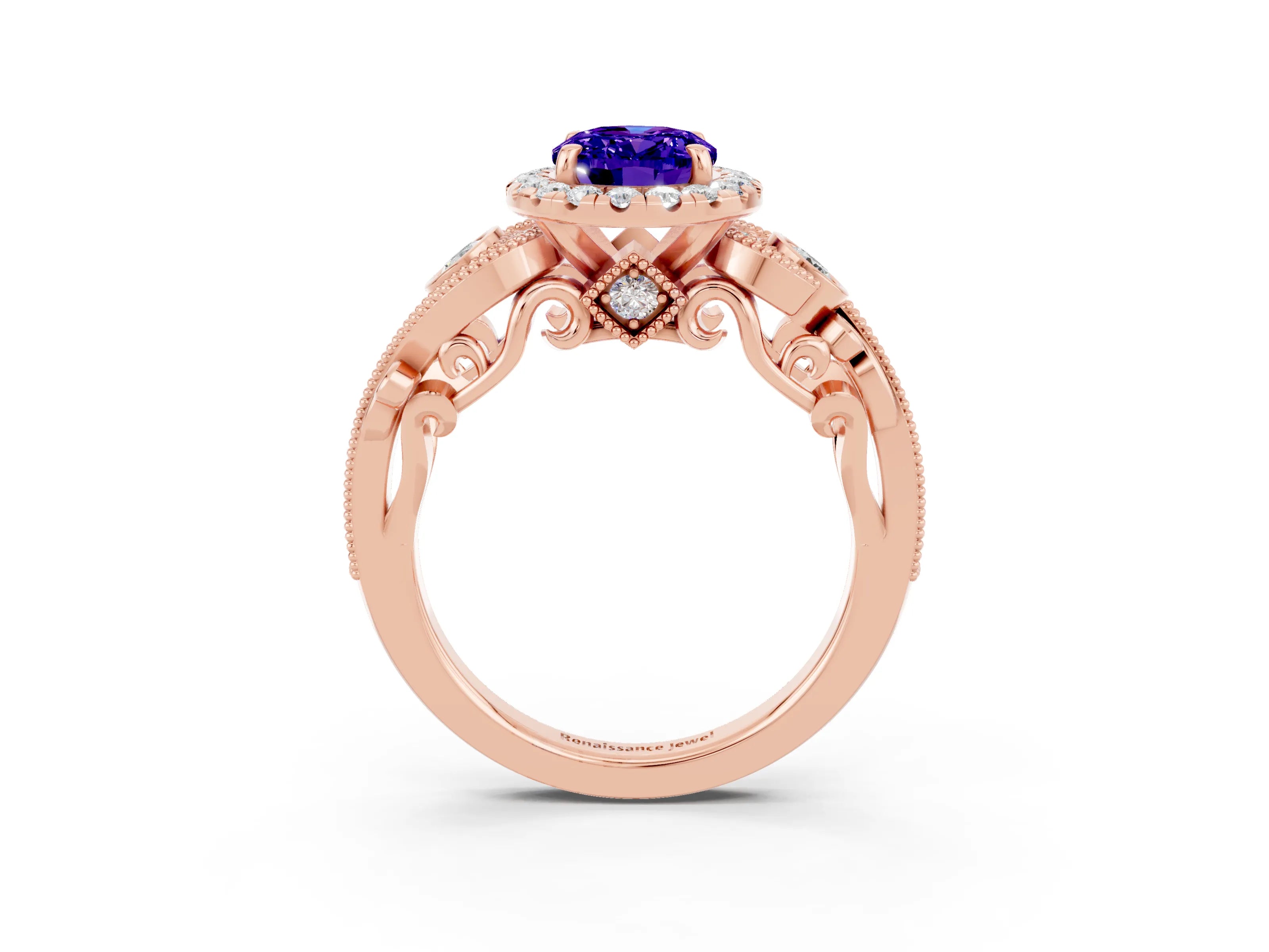 Rose gold Oval Cut Tanzanite Halo Ring with Milgrain Pavé Band and Four-Prong Setting_15
