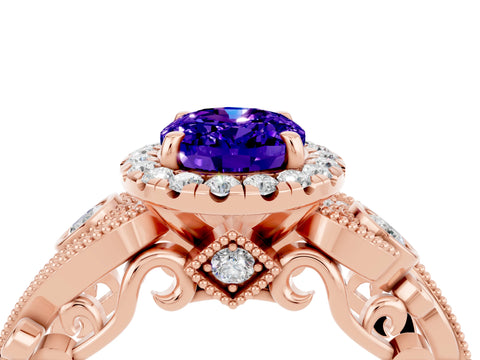 Rose gold Oval Cut Tanzanite Halo Ring with Milgrain Pavé Band and Four-Prong Setting_16