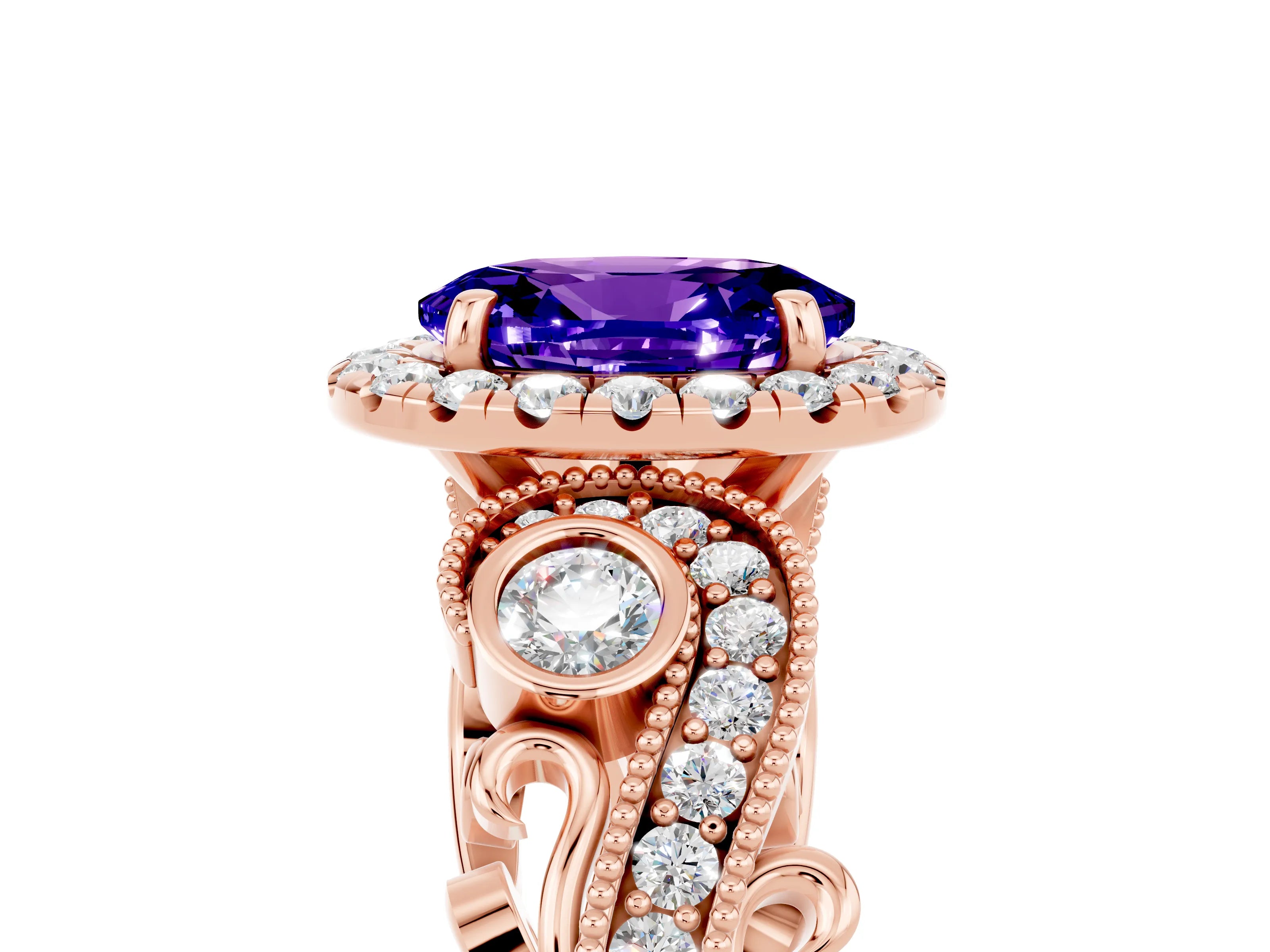 Rose gold Oval Cut Tanzanite Halo Ring with Milgrain Pavé Band and Four-Prong Setting_17