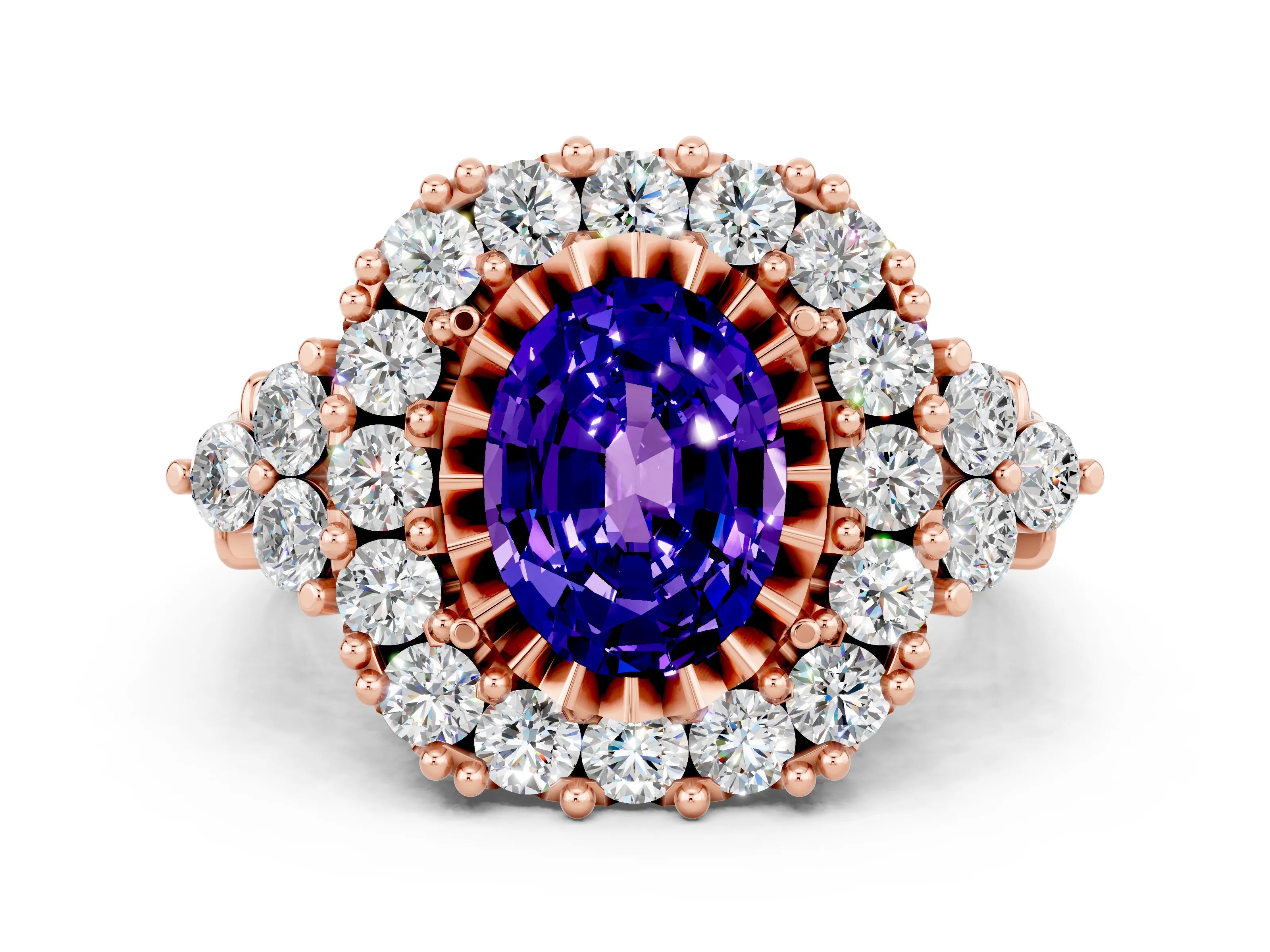 Rose gold Oval Cut Tanzanite Halo Ring with Pavé Band and Four-Prong Setting_12