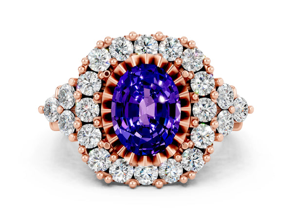 Rose gold Oval Cut Tanzanite Halo Ring with Pavé Band and Four-Prong Setting