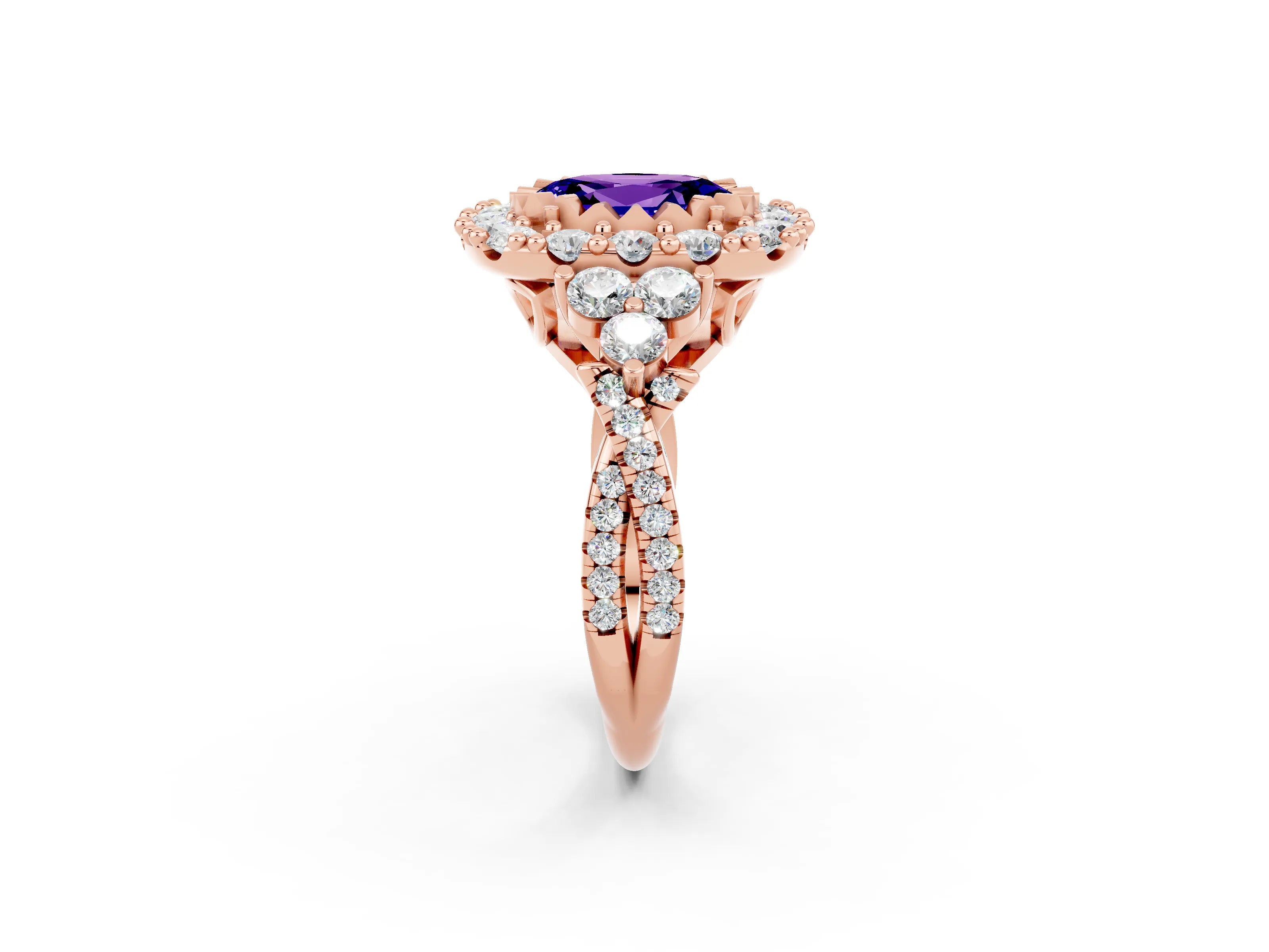 Rose gold Oval Cut Tanzanite Halo Ring with Pavé Band and Four-Prong Setting_14