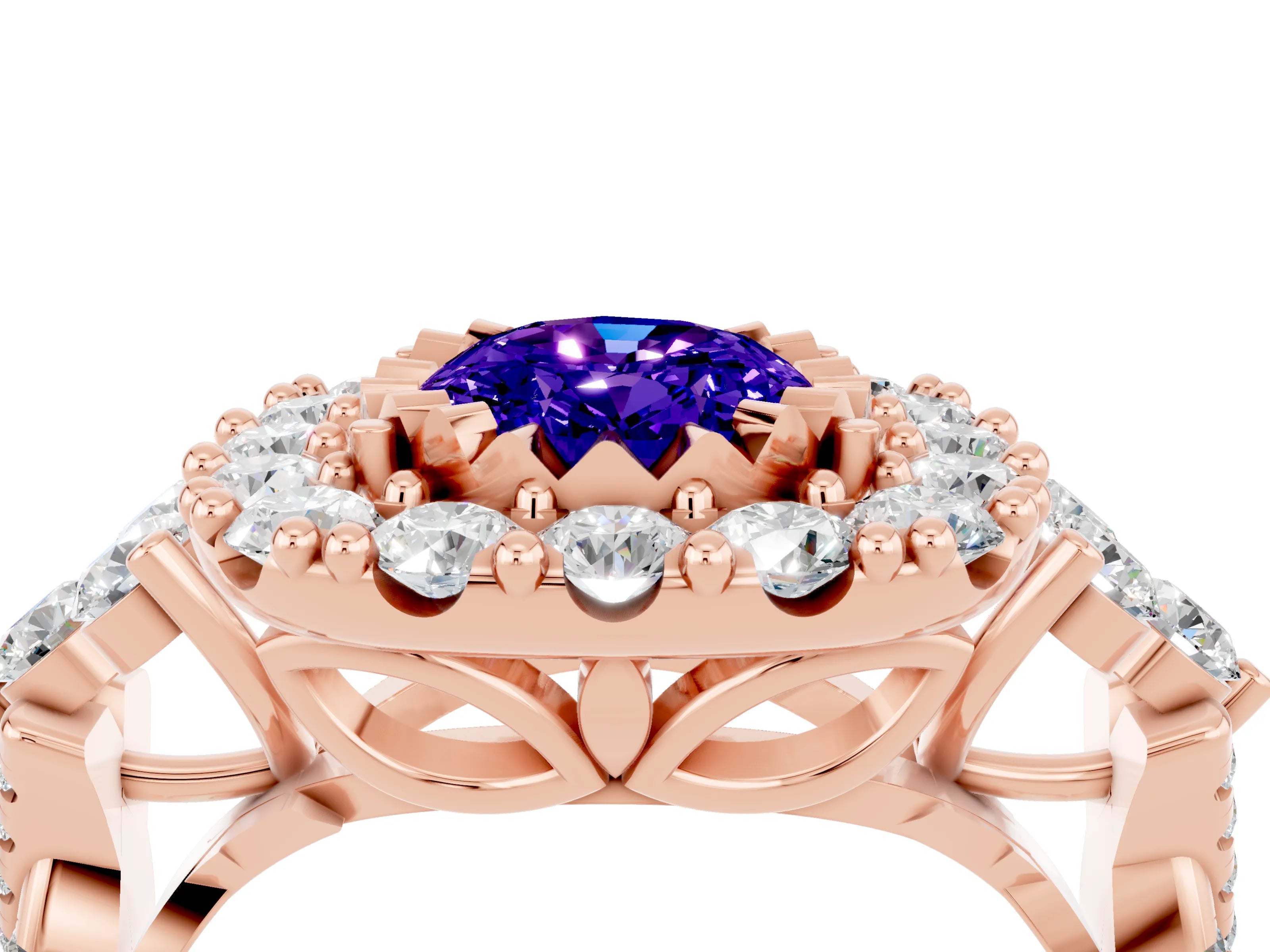 Rose gold Oval Cut Tanzanite Halo Ring with Pavé Band and Four-Prong Setting_16