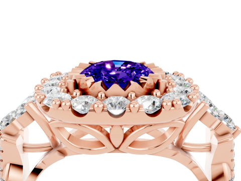 Rose gold Oval Cut Tanzanite Halo Ring with Pavé Band and Four-Prong Setting_16