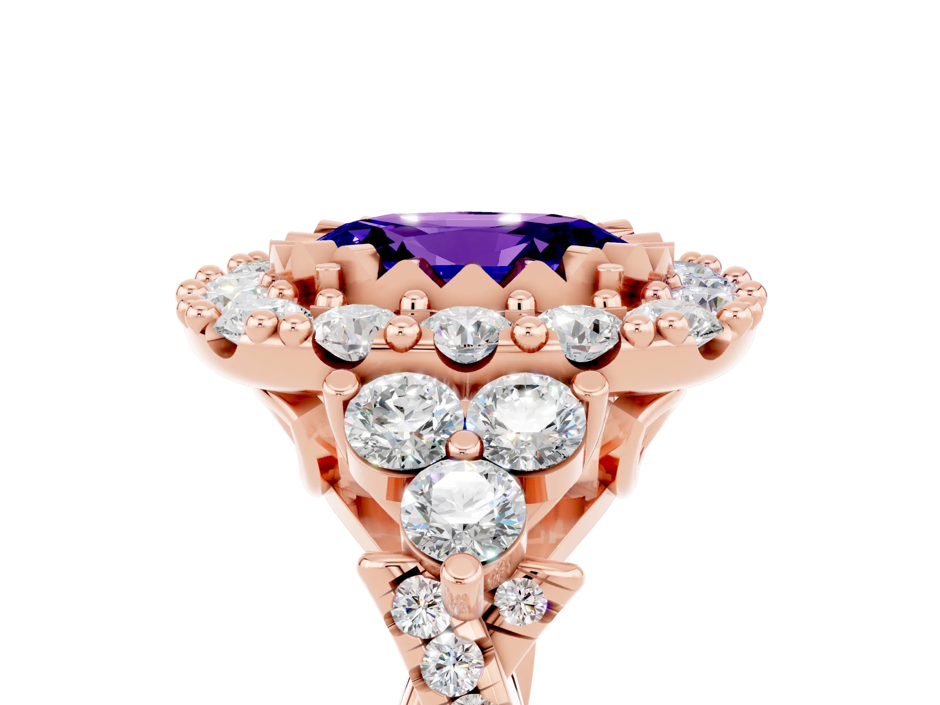 Rose gold Oval Cut Tanzanite Halo Ring with Pavé Band and Four-Prong Setting_17