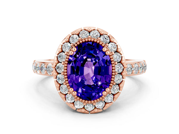 Rose gold Oval Cut Tanzanite Halo Ring with Pavé Band and Prong Setting