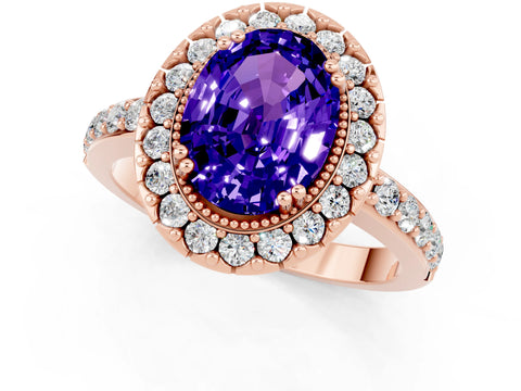 Rose gold Oval Cut Tanzanite Halo Ring with Pavé Band and Prong Setting_1