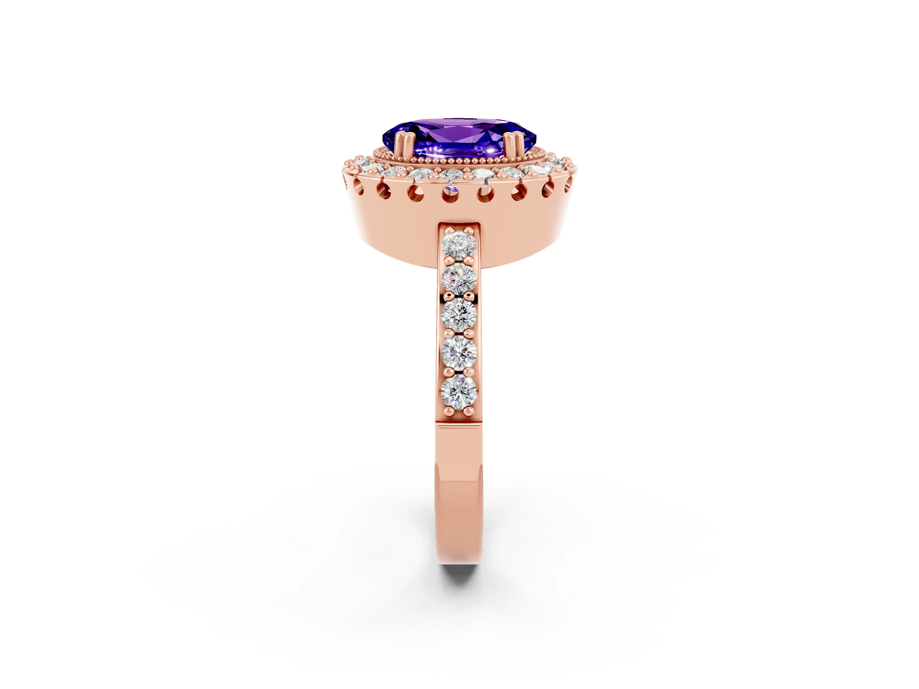Rose gold Oval Cut Tanzanite Halo Ring with Pavé Band and Prong Setting_2