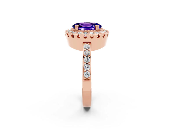 Rose gold Oval Cut Tanzanite Halo Ring with Pavé Band and Prong Setting