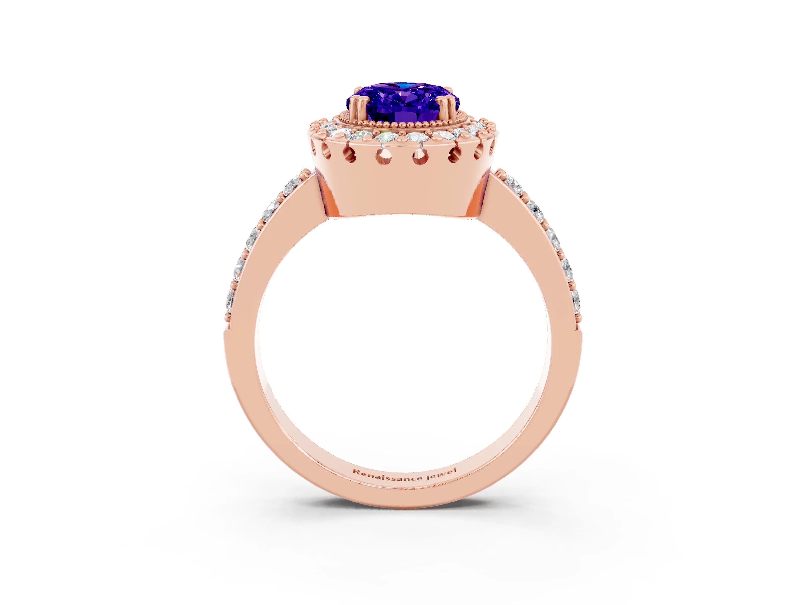 Rose gold Oval Cut Tanzanite Halo Ring with Pavé Band and Prong Setting_3