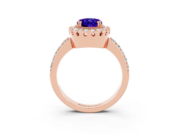 Rose gold Oval Cut Tanzanite Halo Ring with Pavé Band and Prong Setting