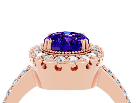 Rose gold Oval Cut Tanzanite Halo Ring with Pavé Band and Prong Setting_4