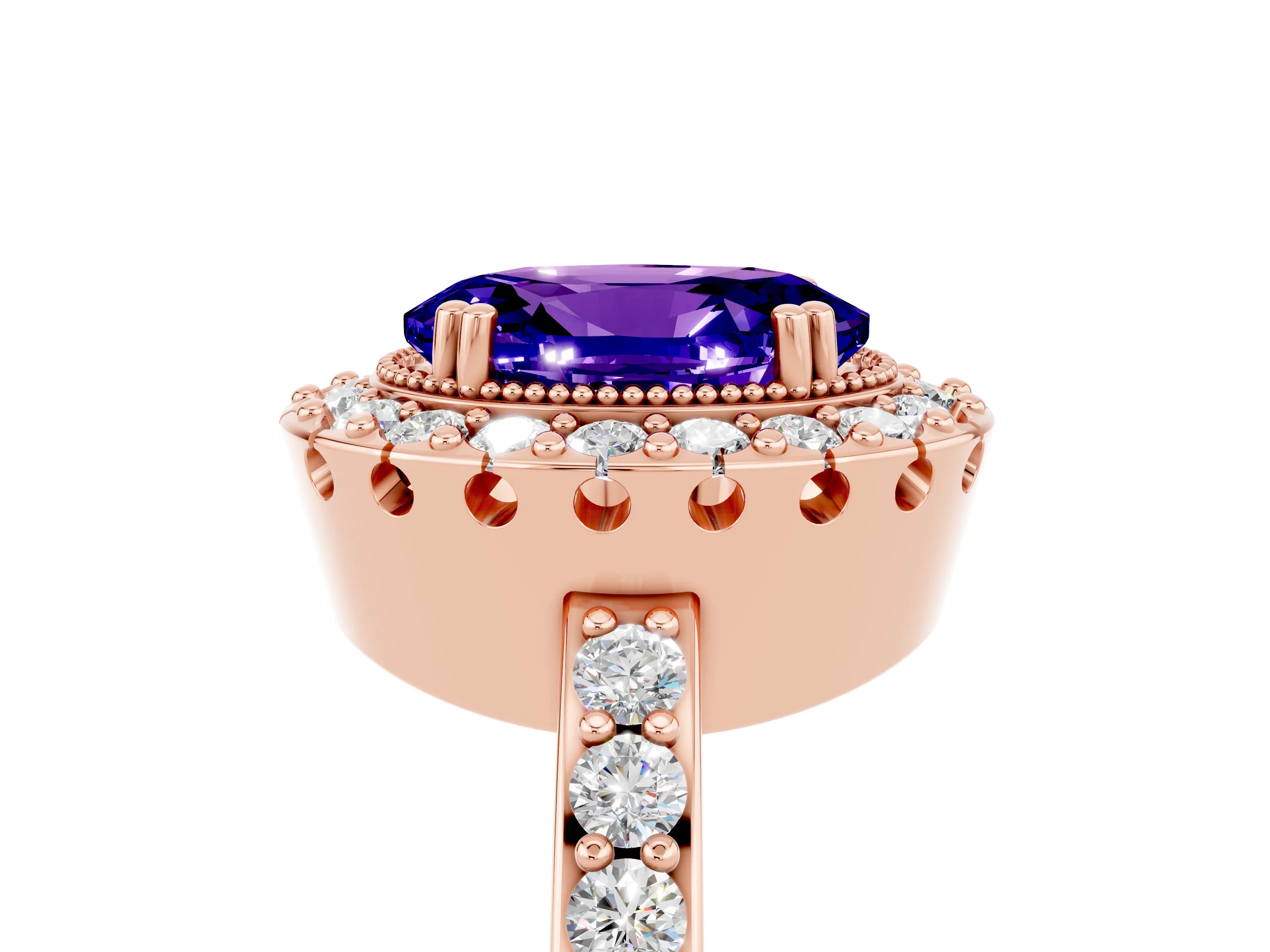 Rose gold Oval Cut Tanzanite Halo Ring with Pavé Band and Prong Setting_5