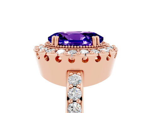 Rose gold Oval Cut Tanzanite Halo Ring with Pavé Band and Prong Setting_5