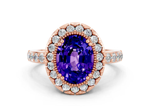 Rose gold Oval Cut Tanzanite Halo Ring with Pavé Band and Prong Setting
