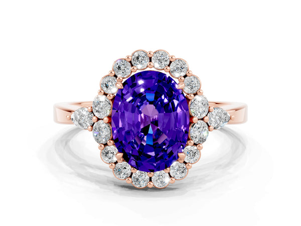 Rose gold Oval Cut Tanzanite Halo Ring with Pear Side Stones and Prong Setting