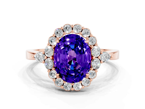 Rose gold Oval Cut Tanzanite Halo Ring with Pear Side Stones and Prong Setting_12