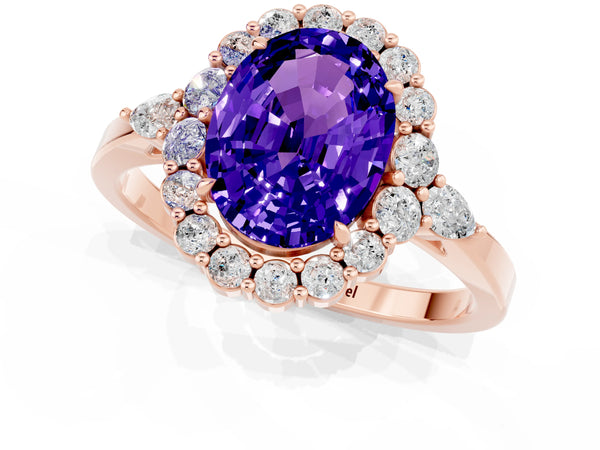 Rose gold Oval Cut Tanzanite Halo Ring with Pear Side Stones and Prong Setting