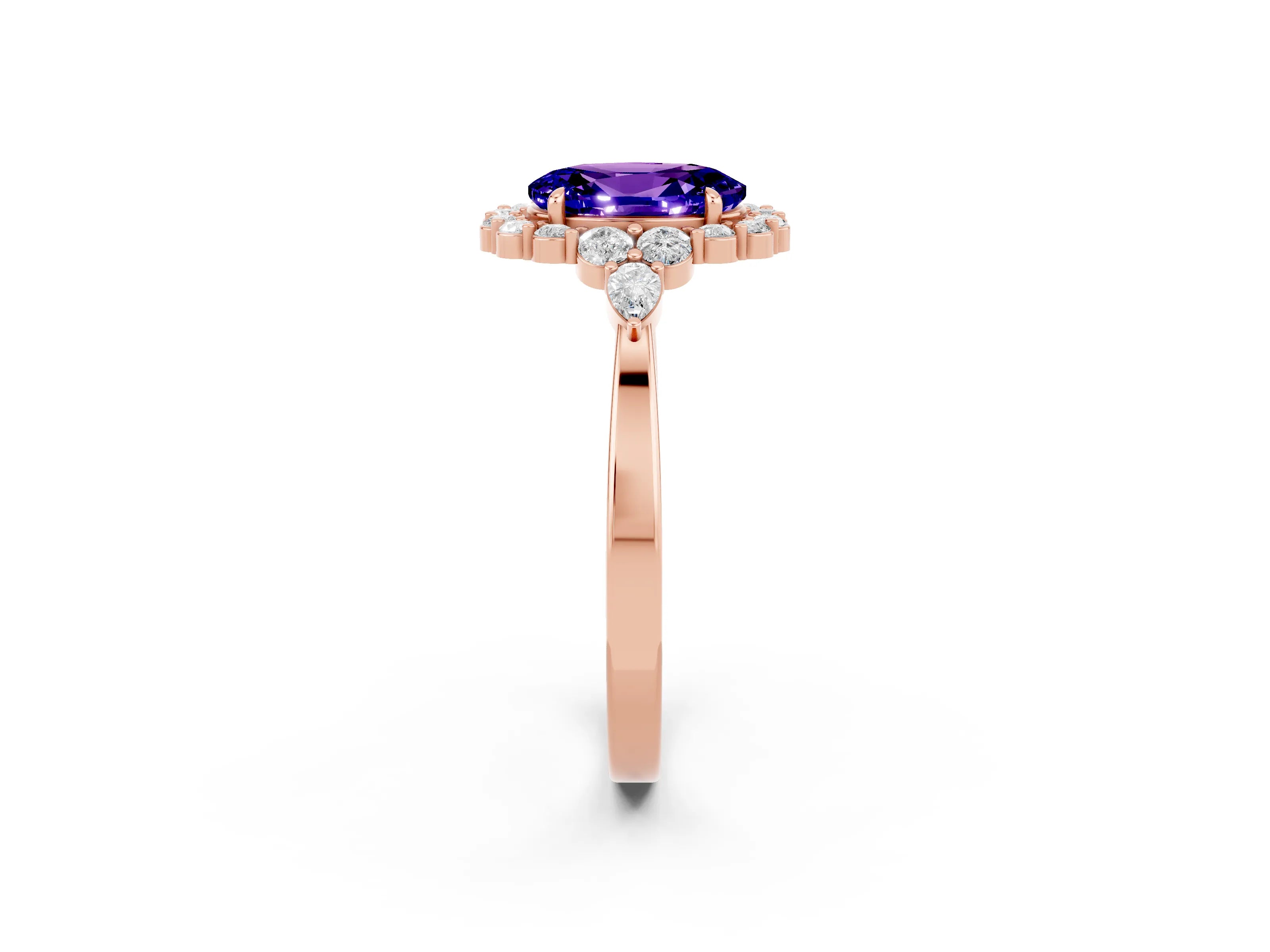 Rose gold Oval Cut Tanzanite Halo Ring with Pear Side Stones and Prong Setting_14