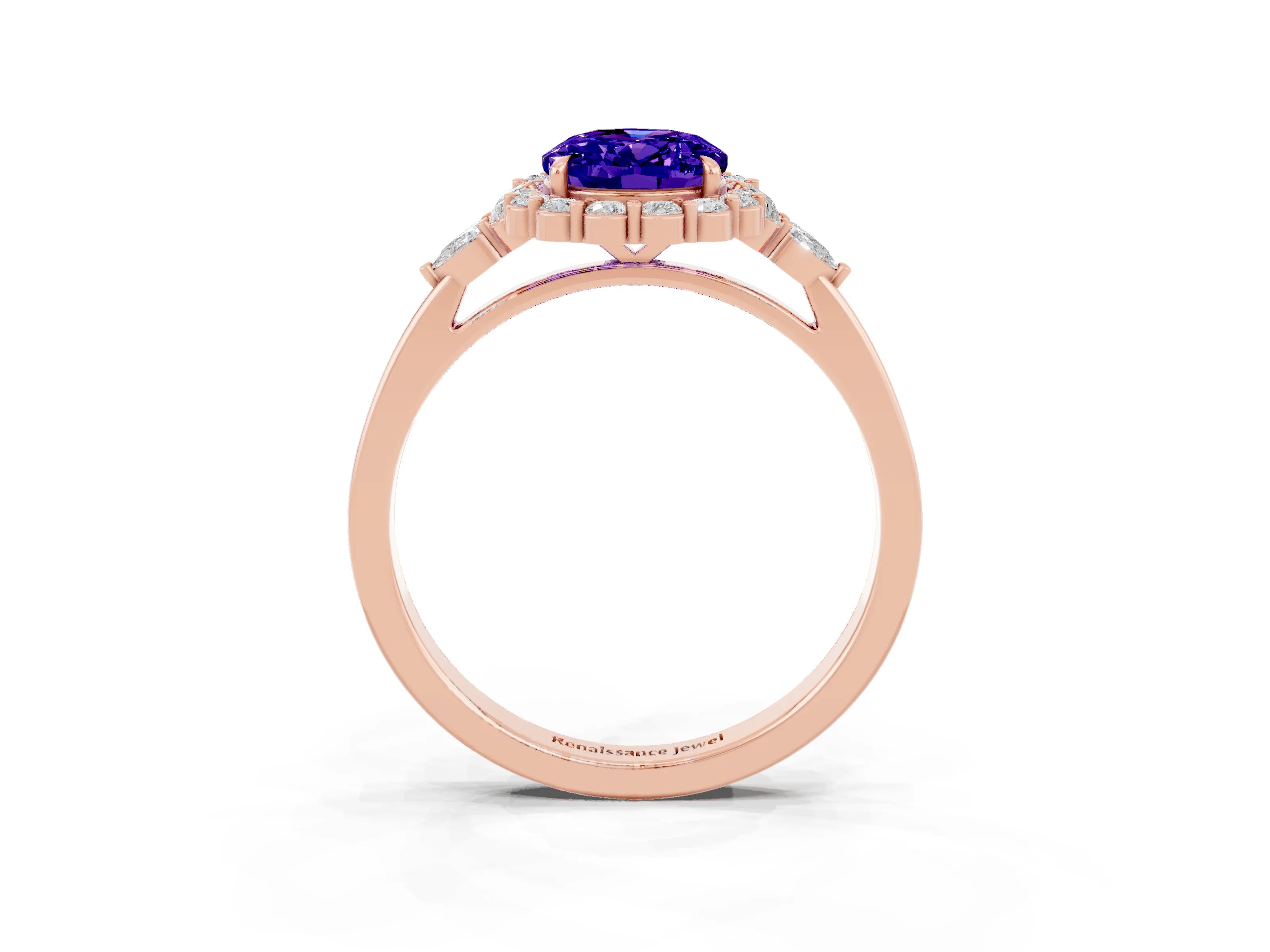 Rose gold Oval Cut Tanzanite Halo Ring with Pear Side Stones and Prong Setting_15
