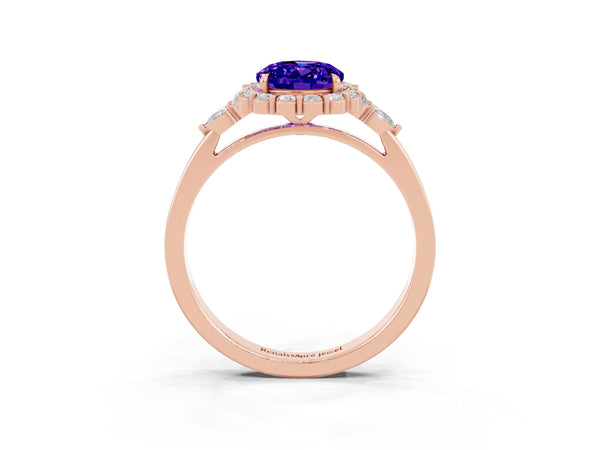 Rose gold Oval Cut Tanzanite Halo Ring with Pear Side Stones and Prong Setting